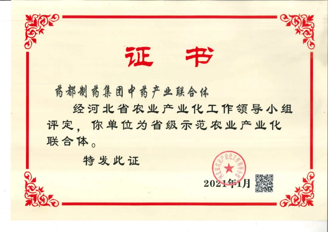 藥都製藥集團(tuán)中藥產(chǎn)業(yè)聯(lián)合體被評(píng)為省級(jí)示範農(nóng)業(yè)產(chǎn)業(yè)化聯(lián)合體
