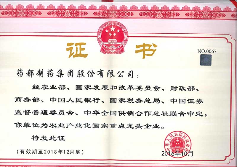 藥都製藥集團(tuán)被評(píng)為國(guó)家級(jí)、省級(jí)農(nóng)業(yè)產(chǎn)業(yè)化重點(diǎn)龍頭企業(yè)